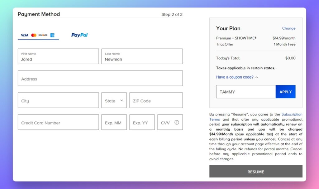 Paramount+ checkout page showing Showtime bundle and 1 month for free