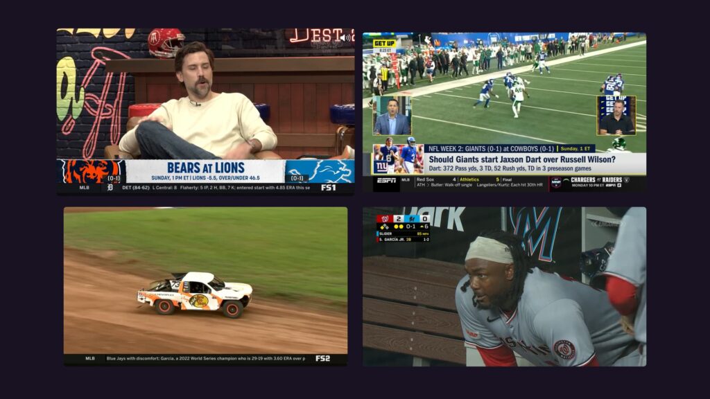 A split-screen view of four videos playing different sports programs